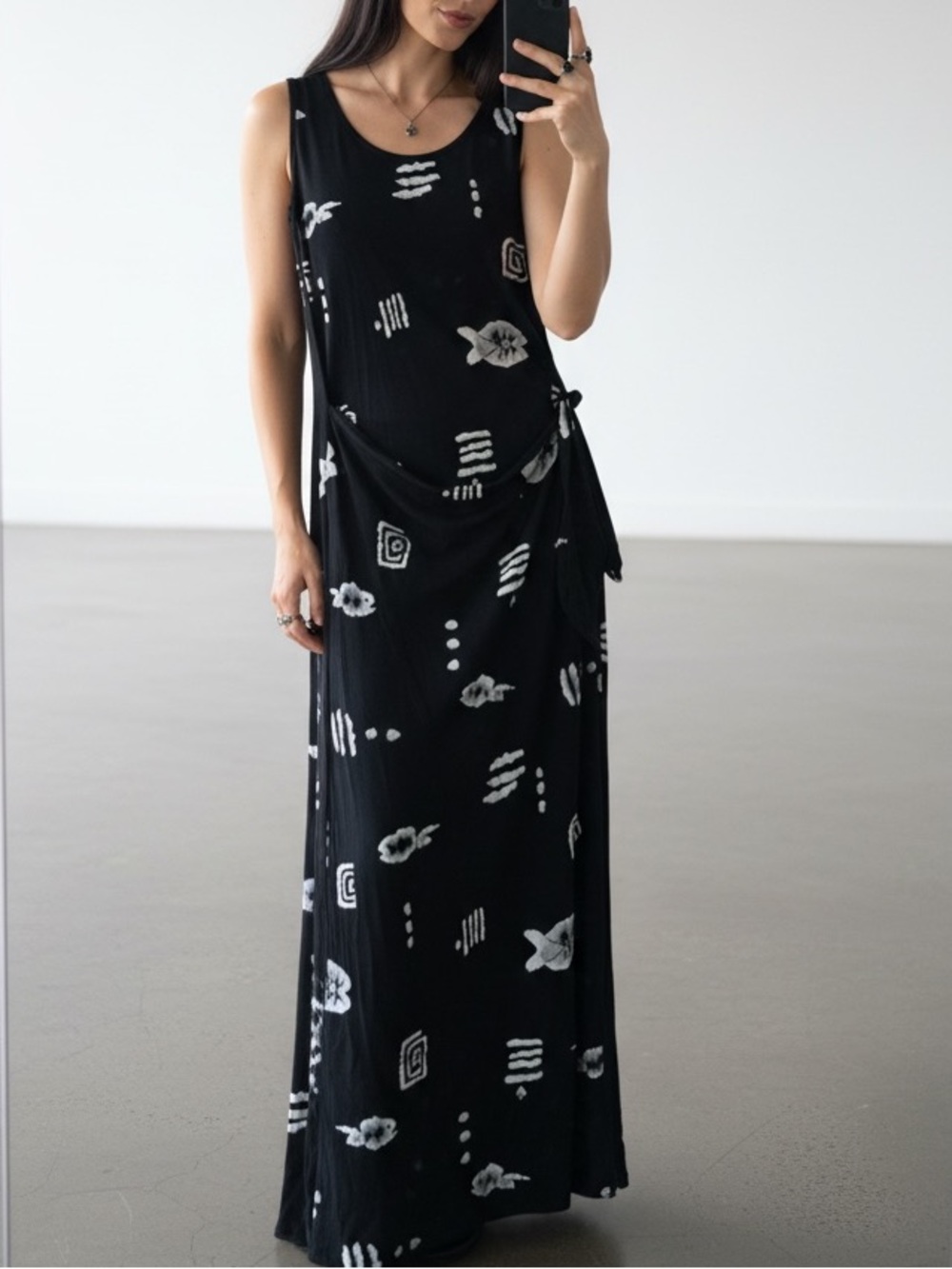 Vintage 90s Susan Lawrence Black Tribal Print Maxi Dress Sleeveless Side Tie